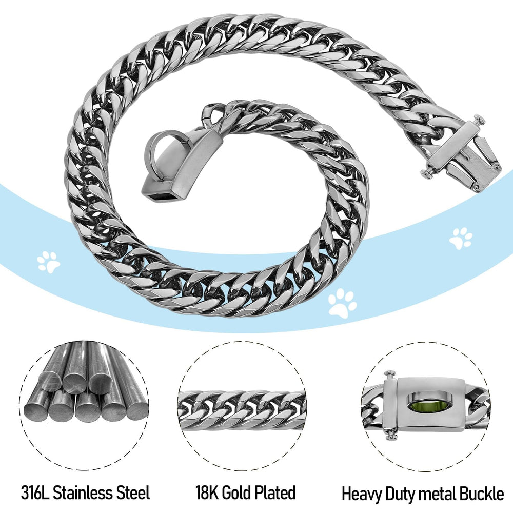 BAOBOTE chew-proof stainless steel collar resists chewing while maintaining polished finish during play.