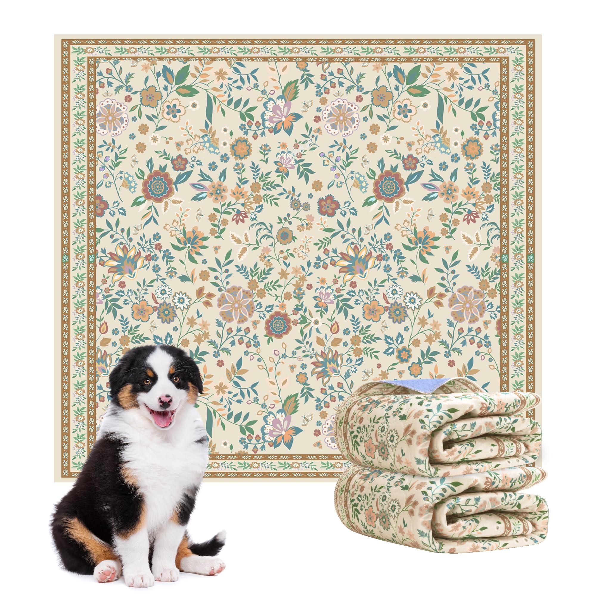 Baodan washable dog pad with floral pattern protects floors during potty training.