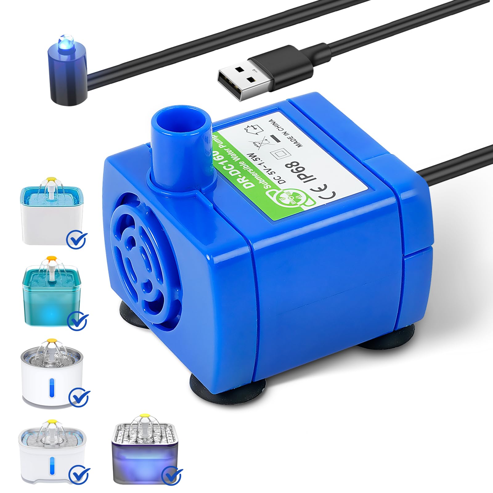 Baofum DR-DC160 pump with LED light for ceramic cat fountains.