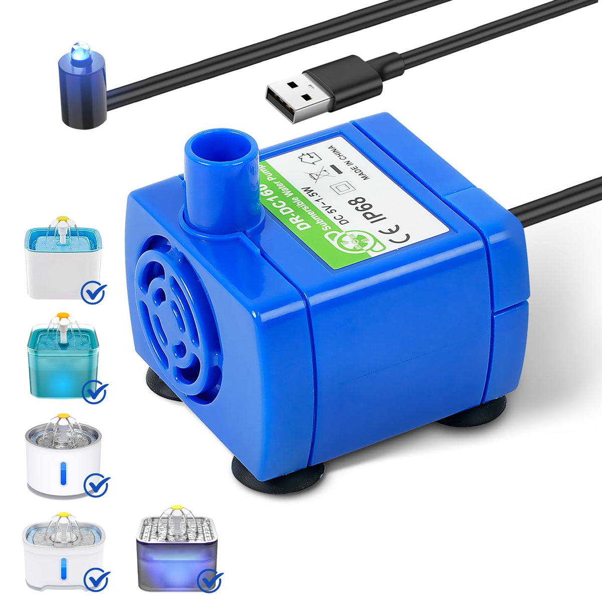 Baofum DR-DC160 pump with LED light for ceramic cat fountains.