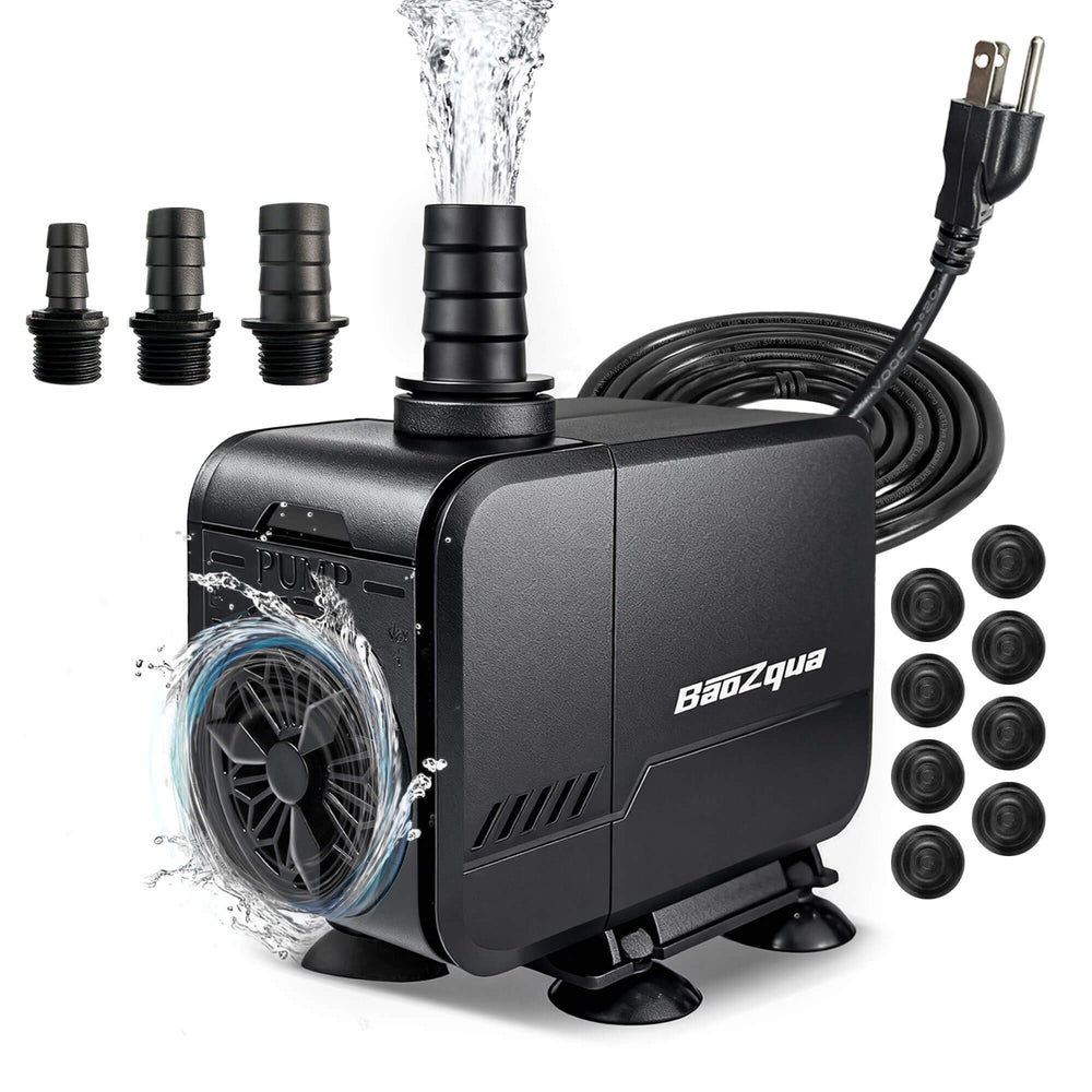 BaoZqua 320GPH pump front view shows compact submersible design for quiet operation