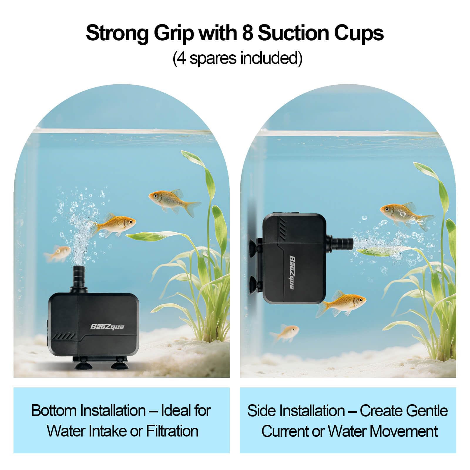 BaoZqua 320GPH pump in-use aquarium shows reliable submersible circulation for healthy water