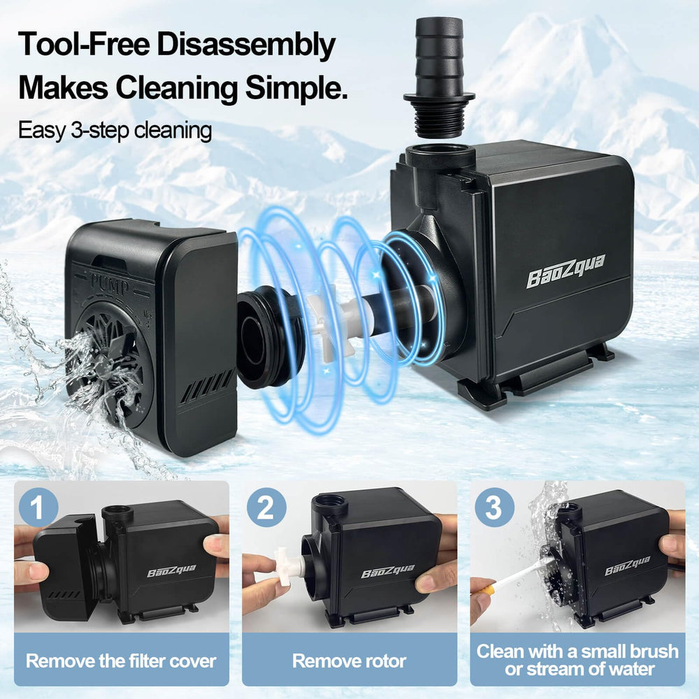 BaoZqua 320GPH pump outlet flow demonstrates adjustable flow and lift capability