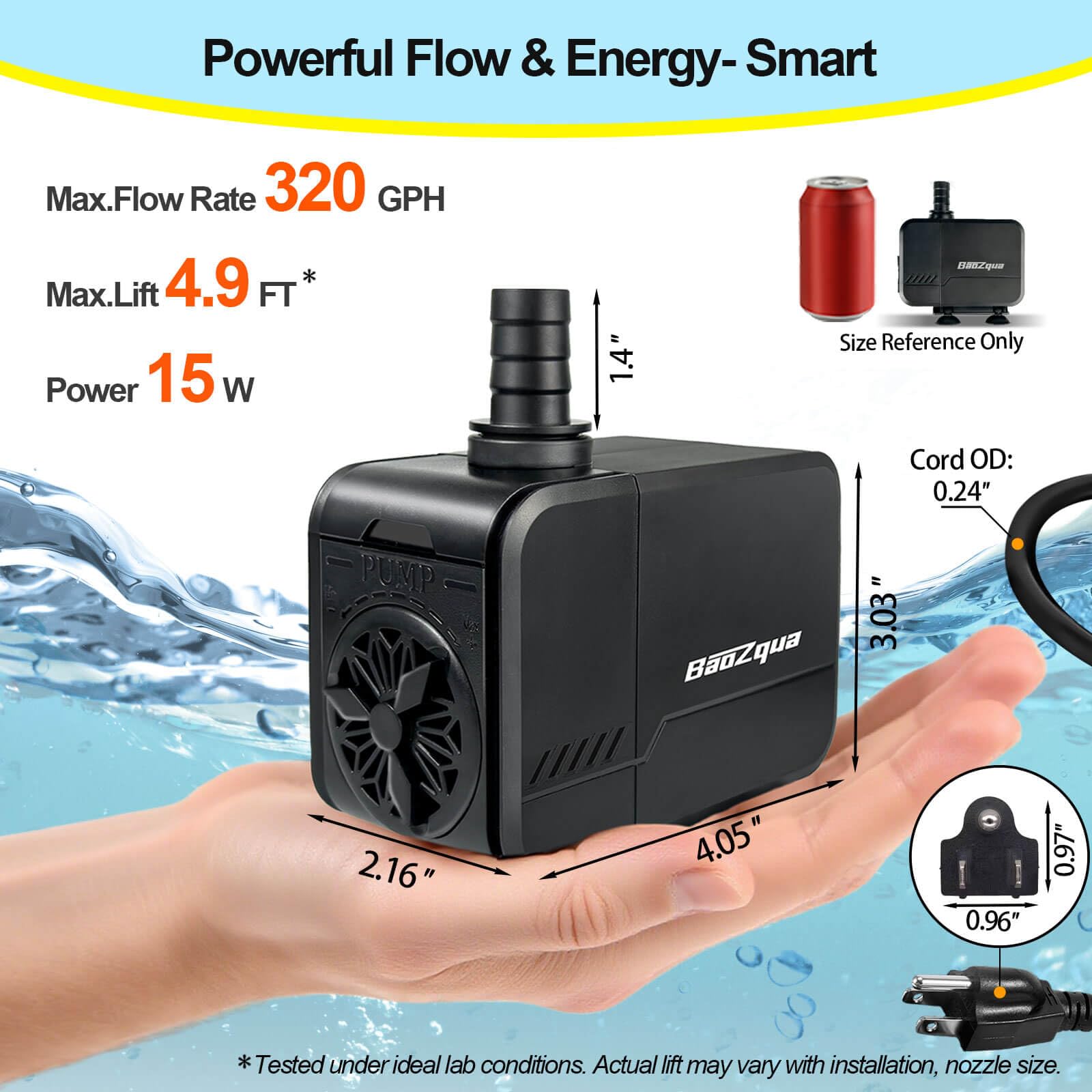BaoZqua 320GPH pump side view highlights compact footprint for easy tank placement