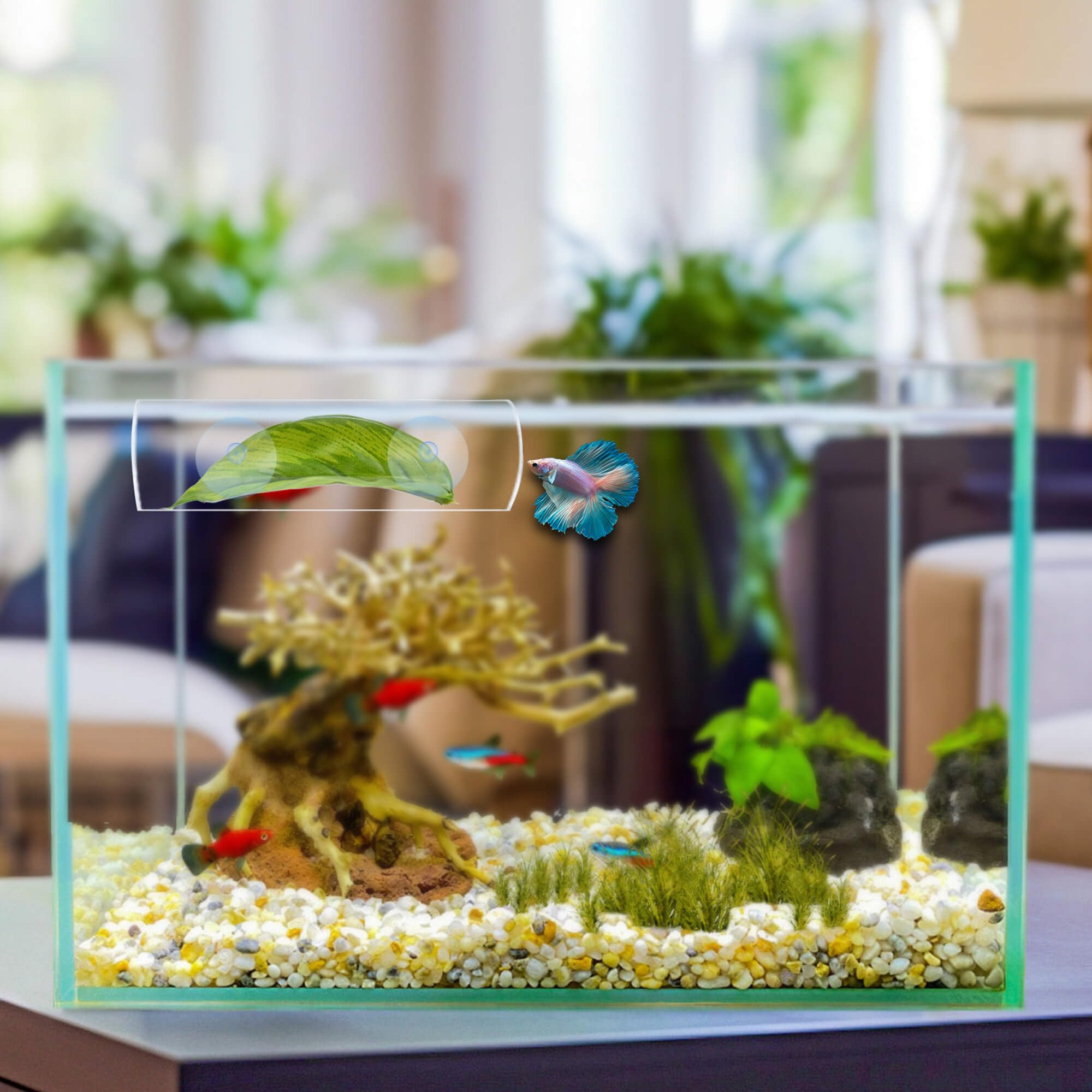 BaoZqua acrylic betta tunnel enriches tank by inviting playful exploration.