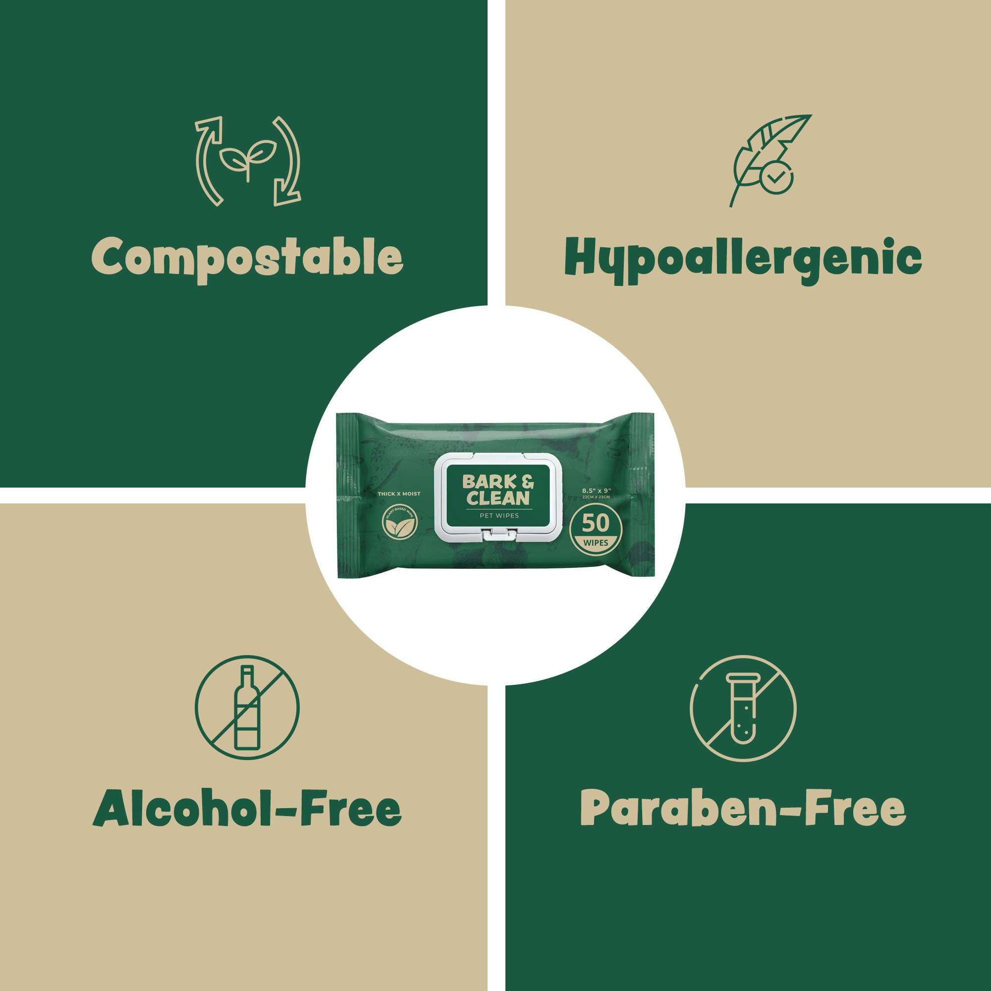 Bark & Clean bamboo wipes with a resealable lid for mess-free travel and storage.