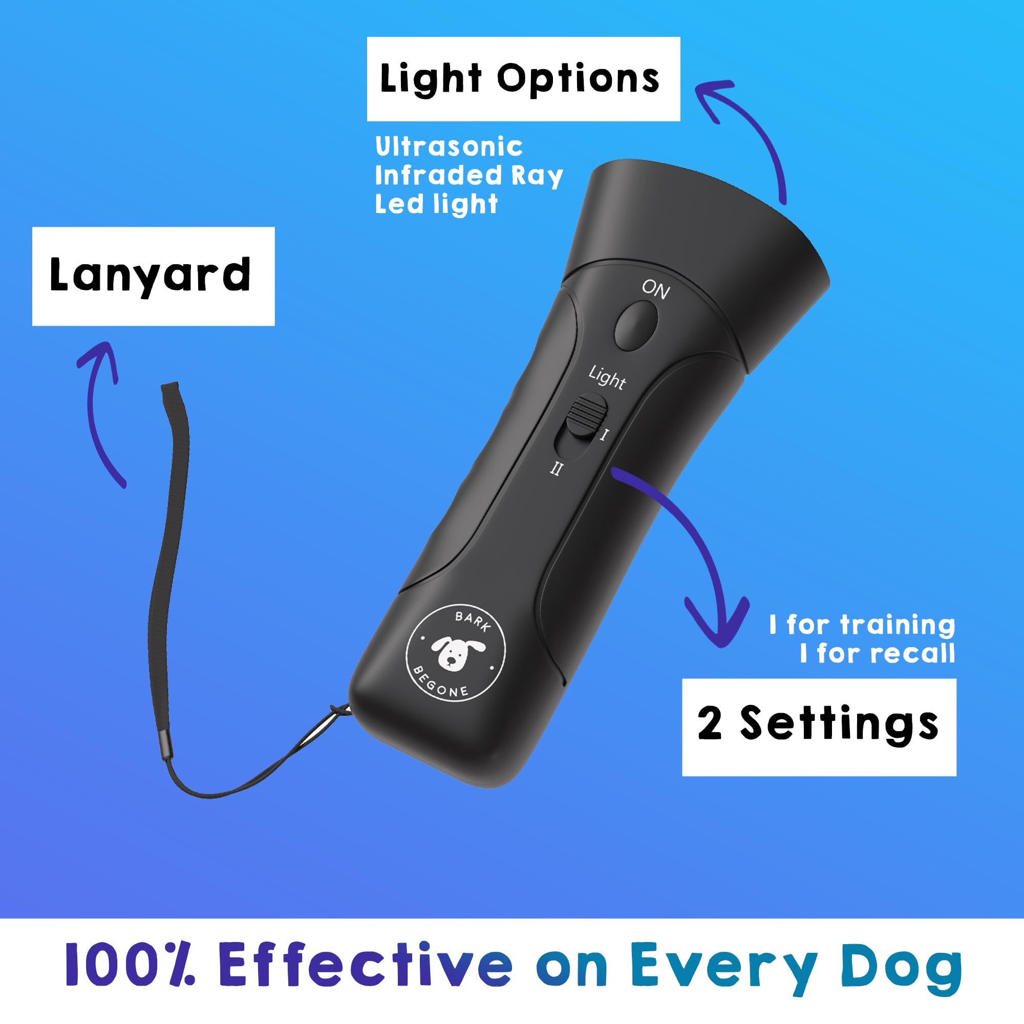 Bark Begone flashlight included—built-in torch for low-light training.