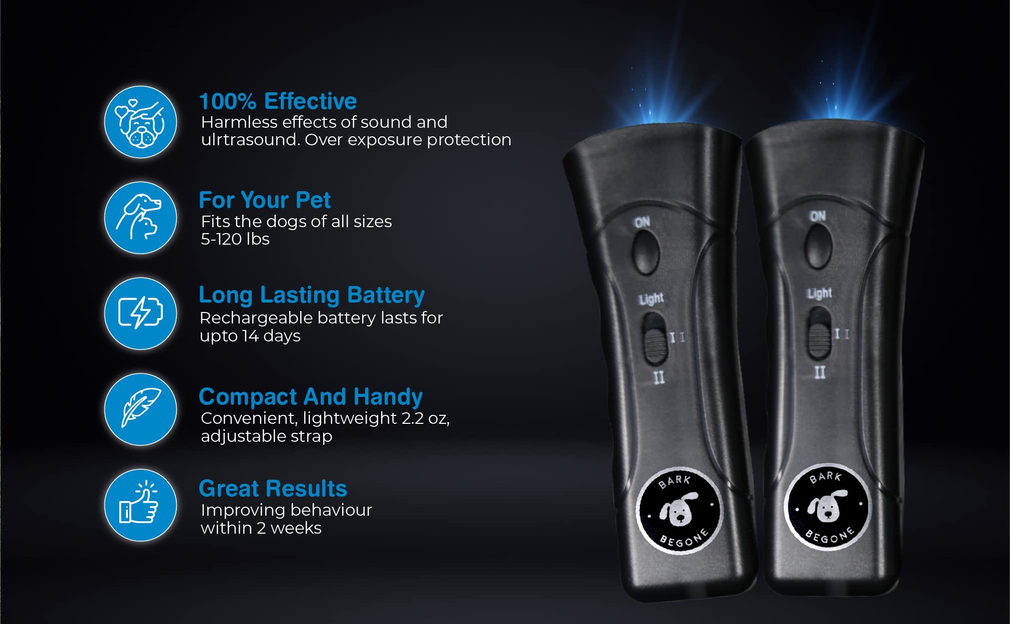 Bark Begone ultrasonic emitter—high-frequency cue to regain attention.