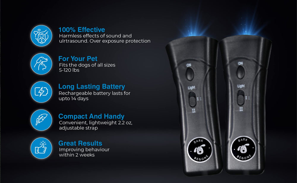 Bark Begone ultrasonic emitter—high-frequency cue to regain attention.