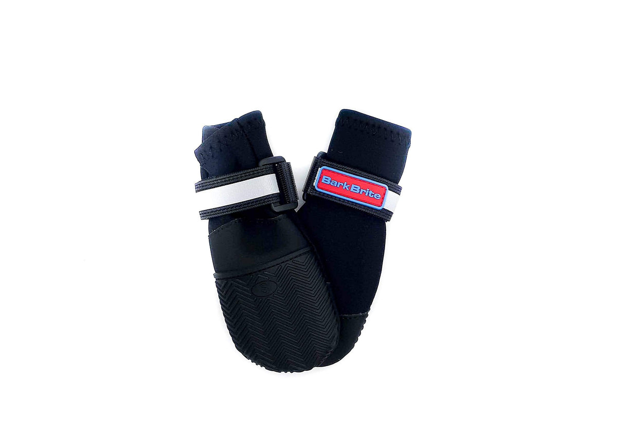 Bark Brite all-weather paw booties with reflective strap for 360-degree visibility.