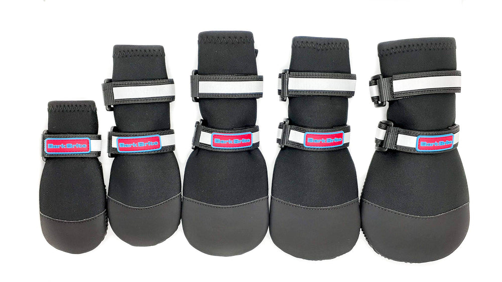 Bark Brite booties on a dog's paw illustrate secure placement.