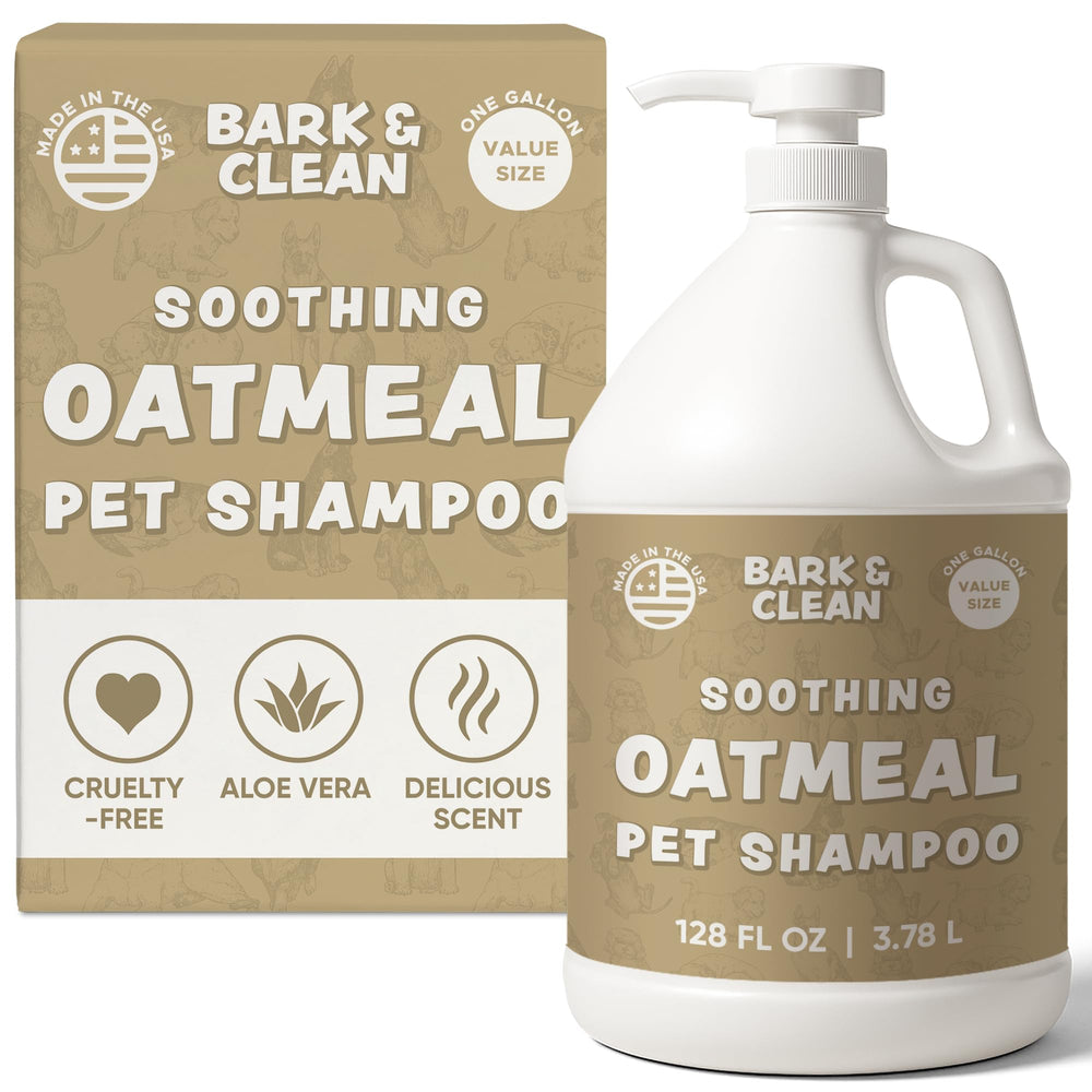 Bark & Clean Oatmeal Shampoo pump bottle for easy, mess-free grooming.