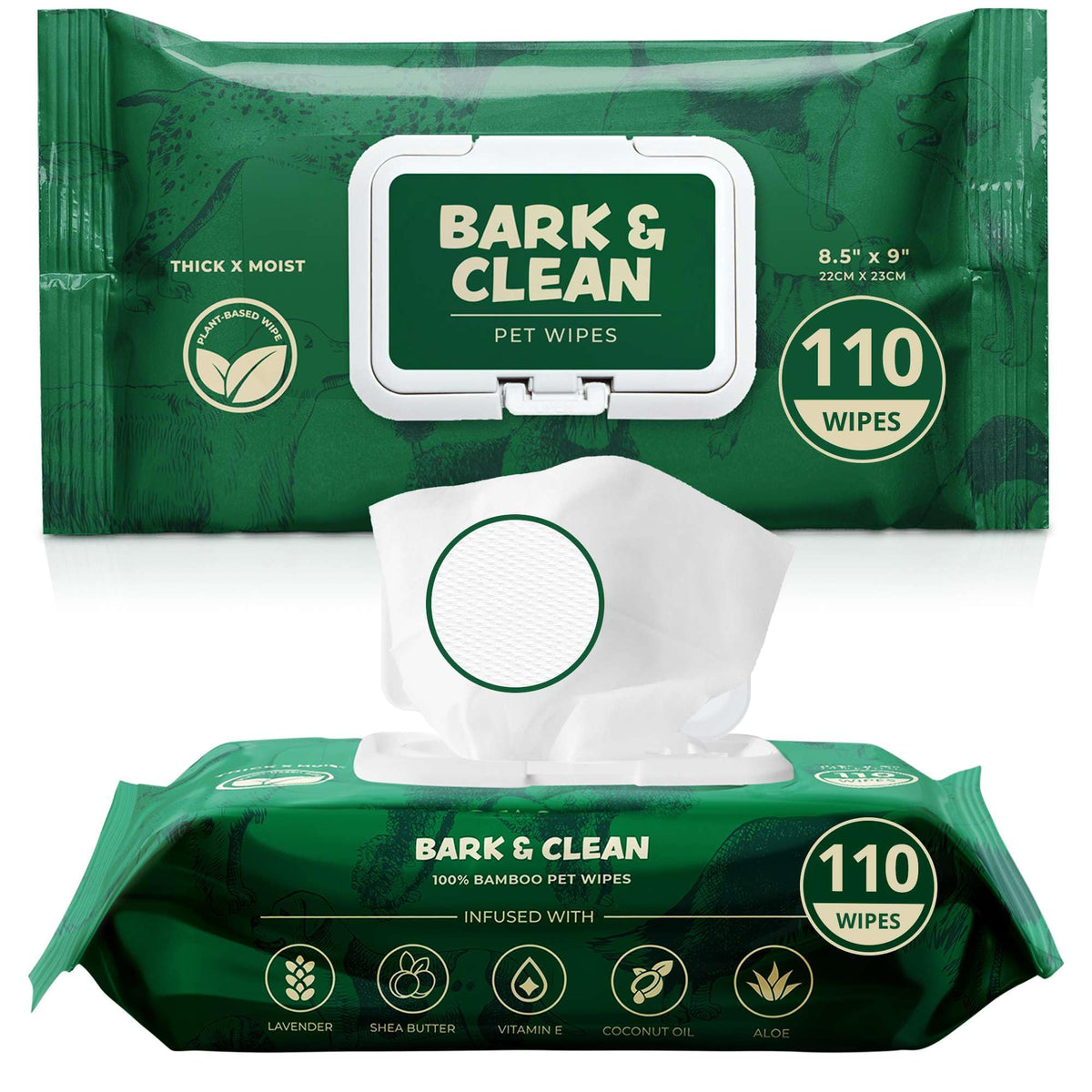 Bark & Clean dog wipes 110-pack compostable pouch for quick, fresh paws.