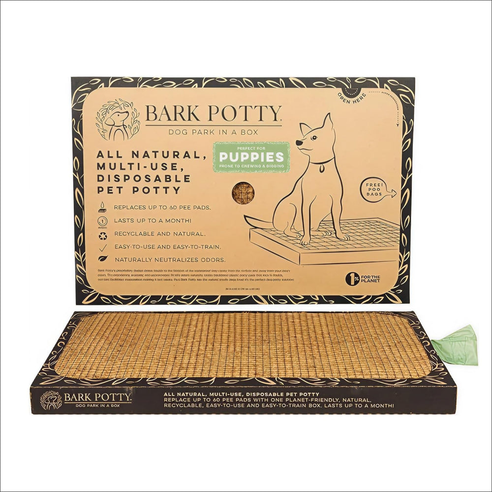 Bark Potty teething-puppy-pad shows natural fibers supporting teething and potty training.