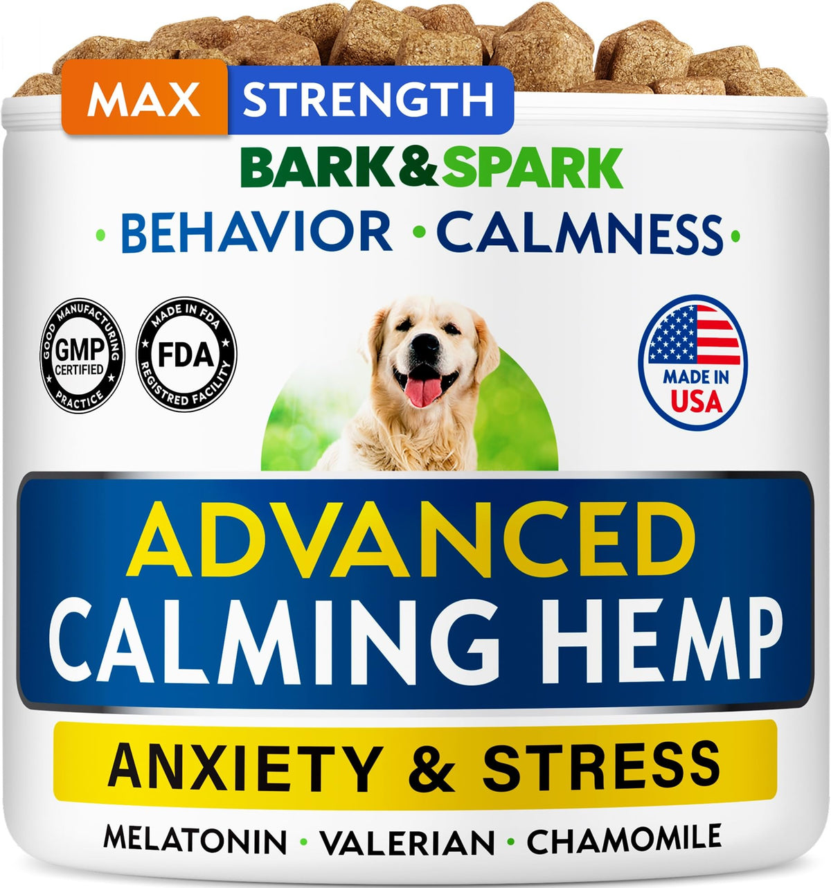 BARK&SPARK calming chews bottle-front shows a sleep aid for dogs.