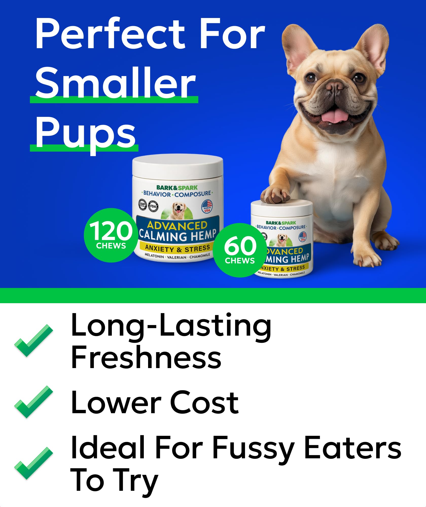 BARK&SPARK calming chews pack-shot highlights portable stress relief for travel.