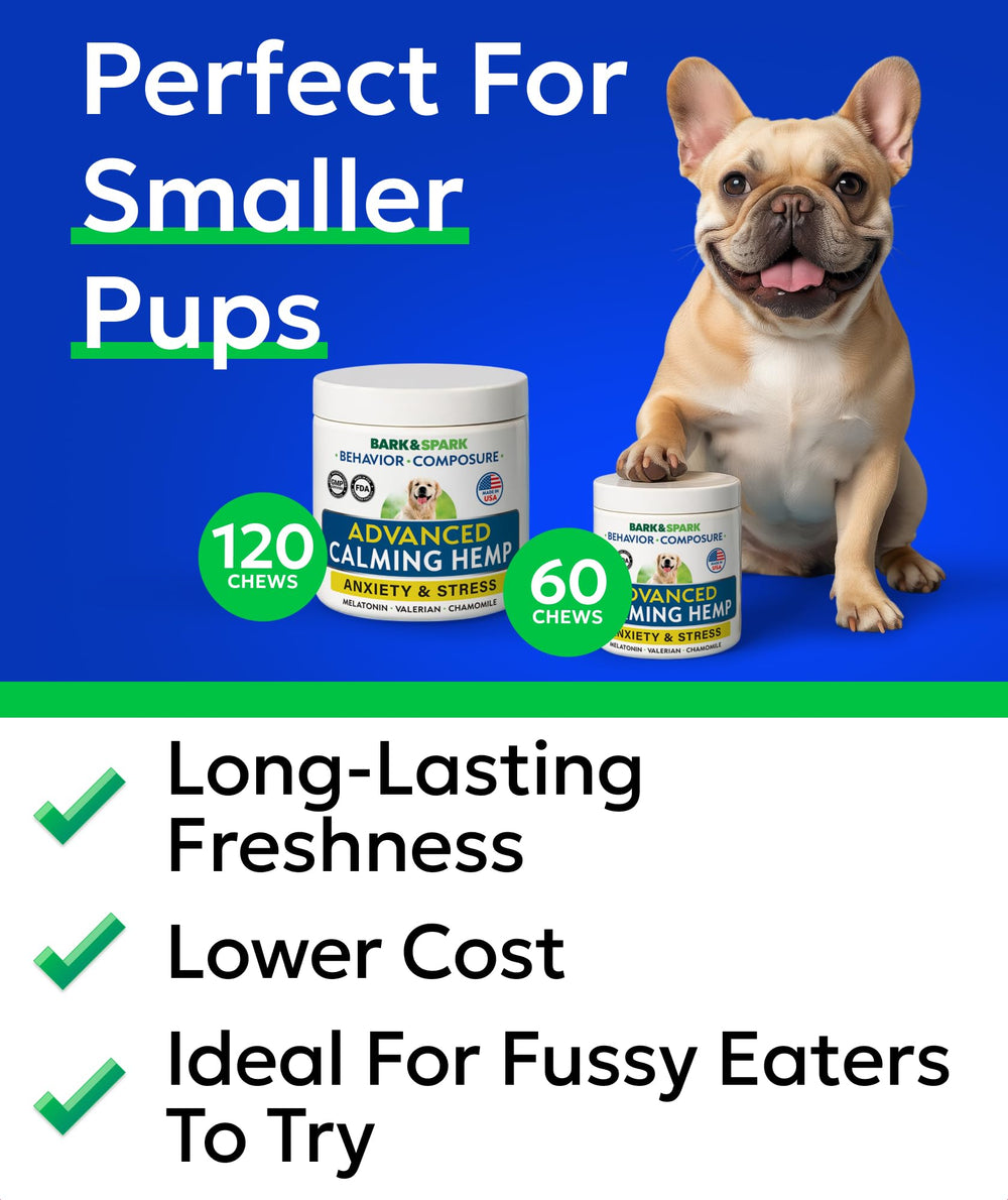 BARK&SPARK calming chews pack-shot highlights portable stress relief for travel.