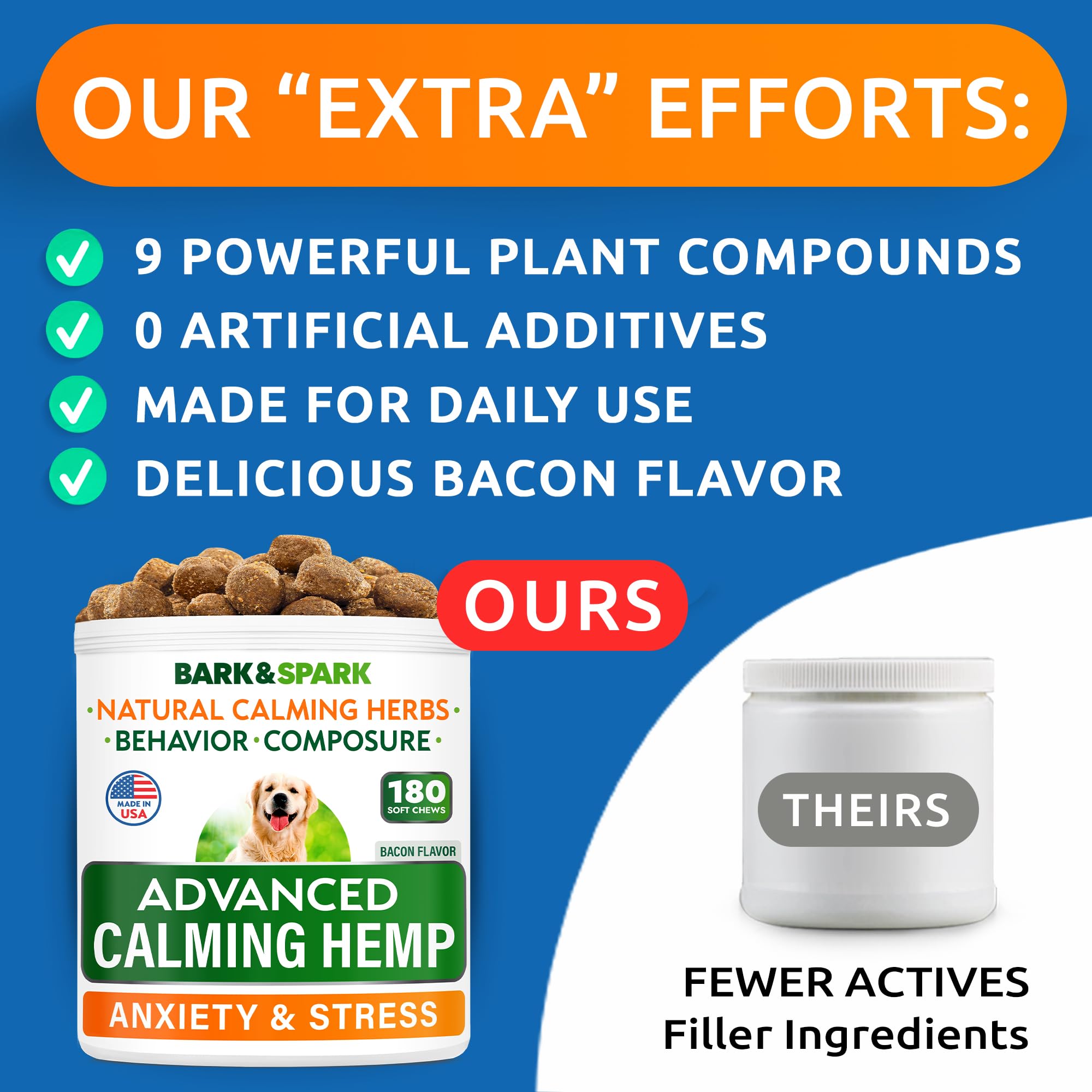BARK&SPARK daily-use chews shown with a dog at home routine.