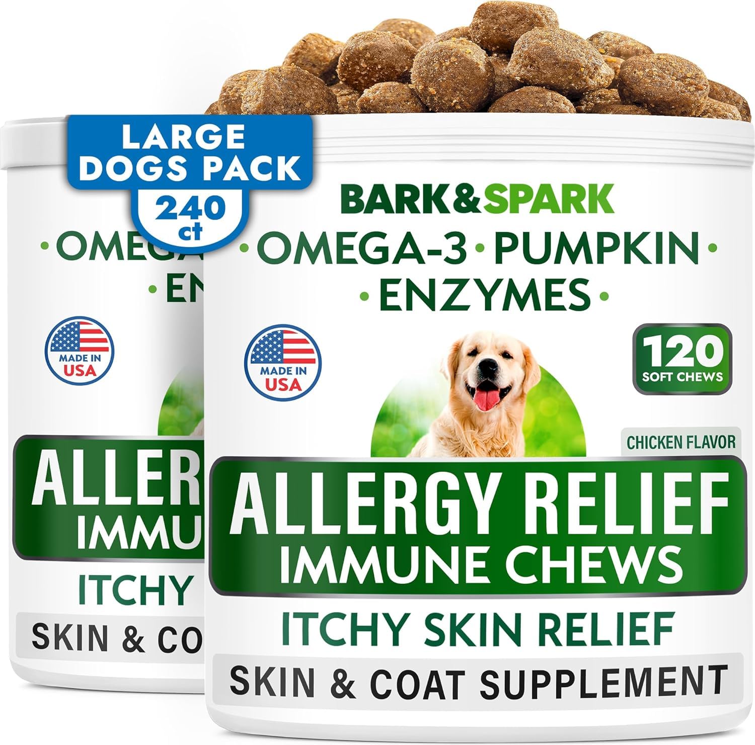 BARK&SPARK dog allergy relief chews package highlights convenient daily skin and coat support.