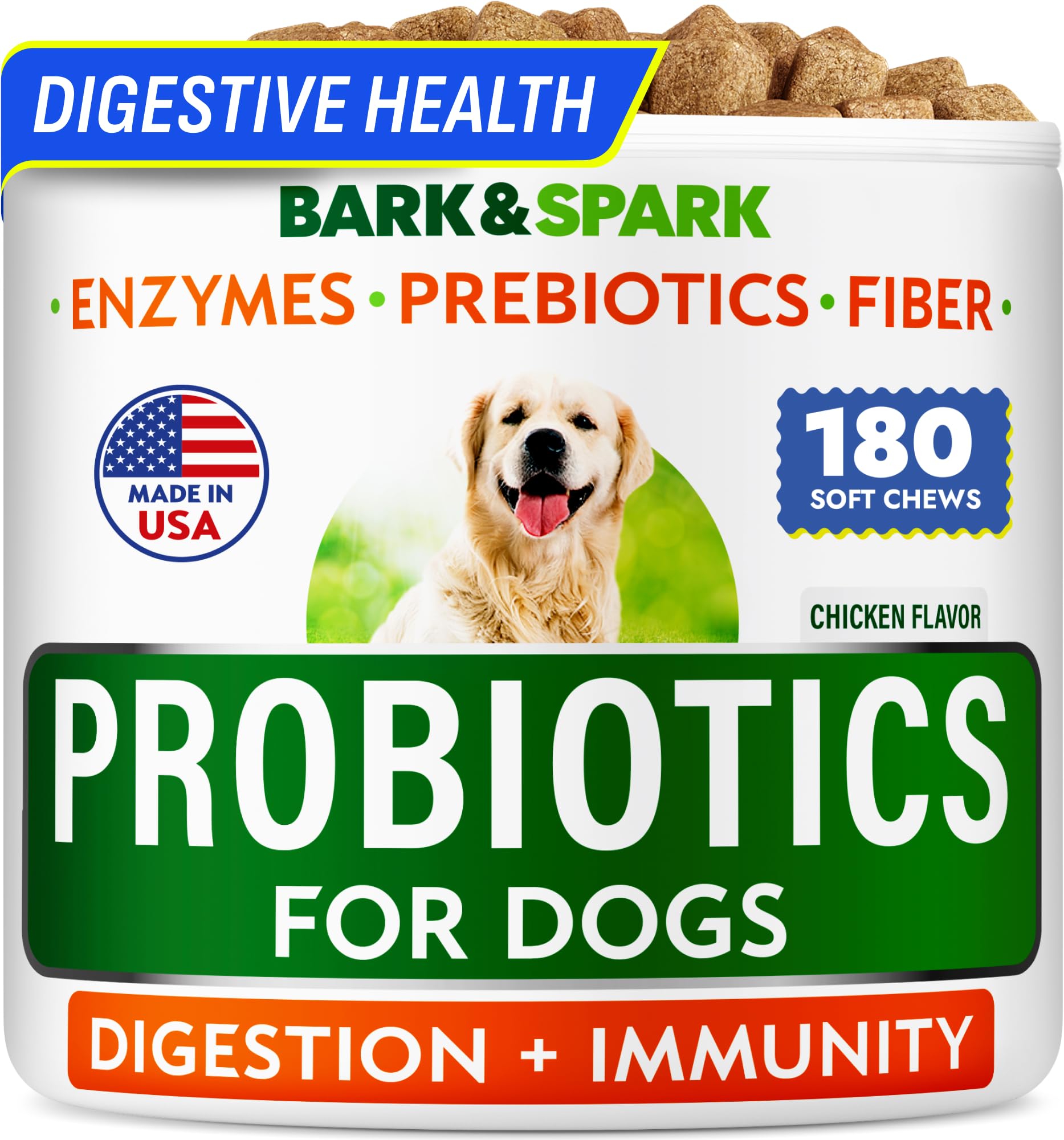 BARK&SPARK 180-count package shown for canine digestive health support across ages