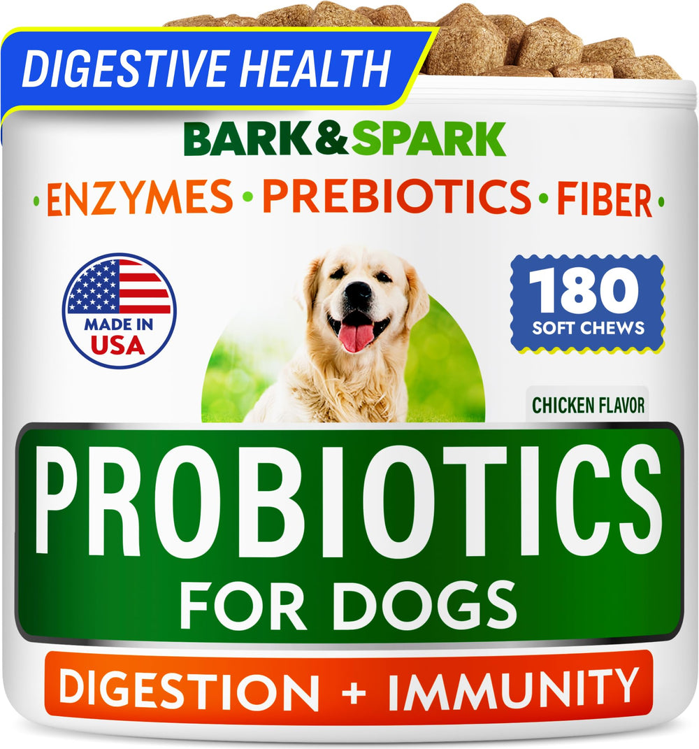 BARK&SPARK 180-count package shown for canine digestive health support across ages