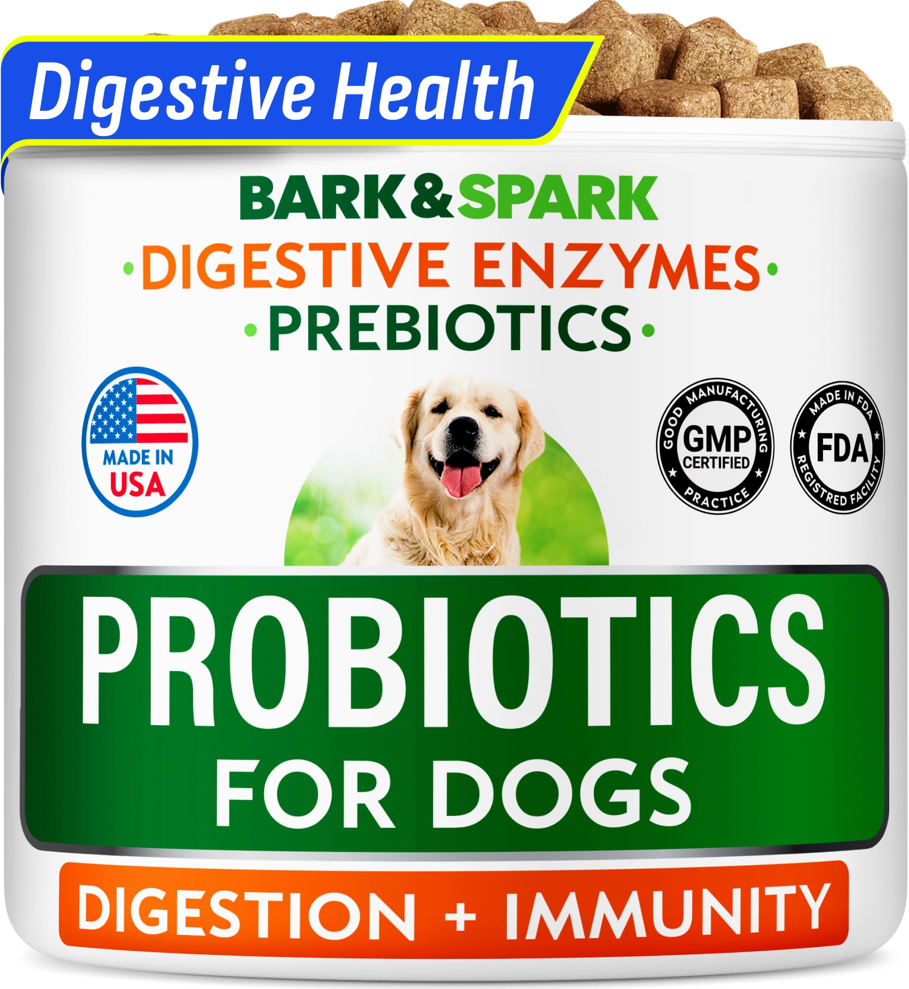 BARK&SPARK dog probiotics chews in a package for daily digestion support.