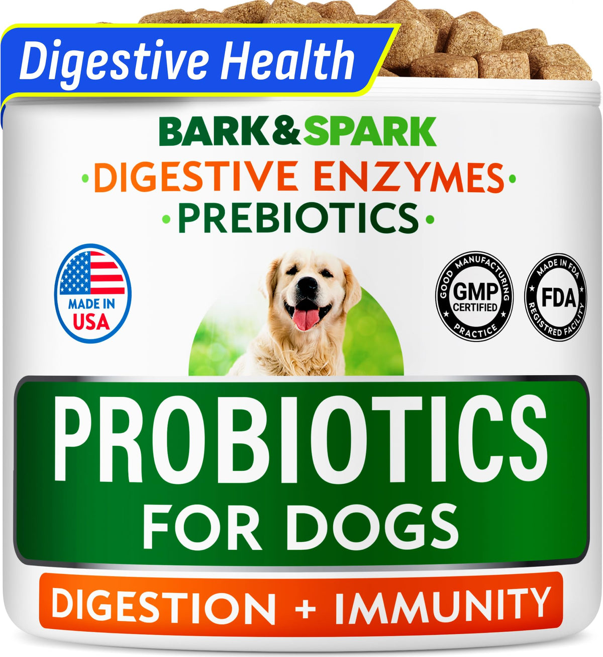 BARK&SPARK dog probiotics chews in a package for daily digestion support.