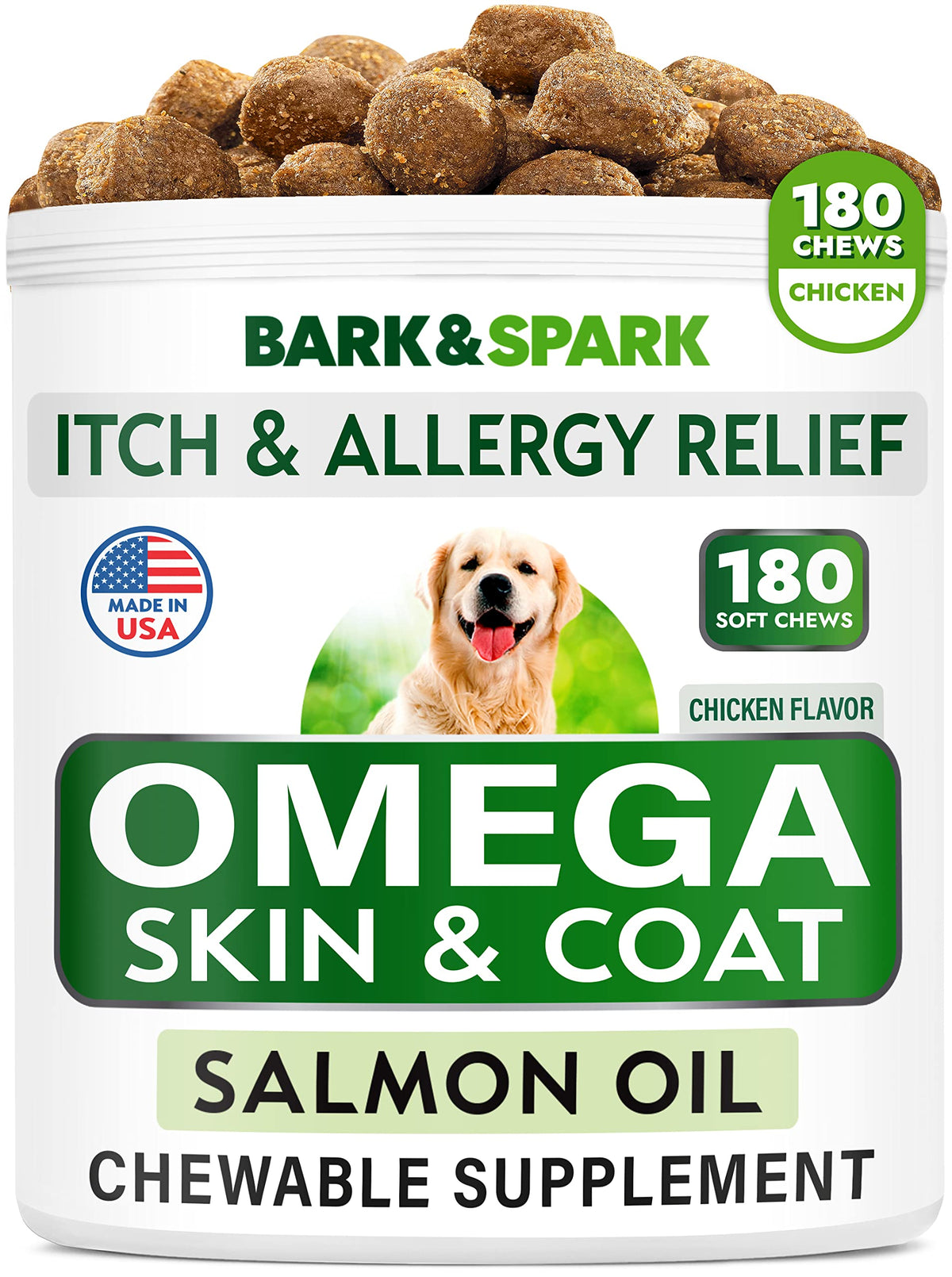 BARK&SPARK Omega-3 dog treats jar with salmon oil chews for shedding support.
