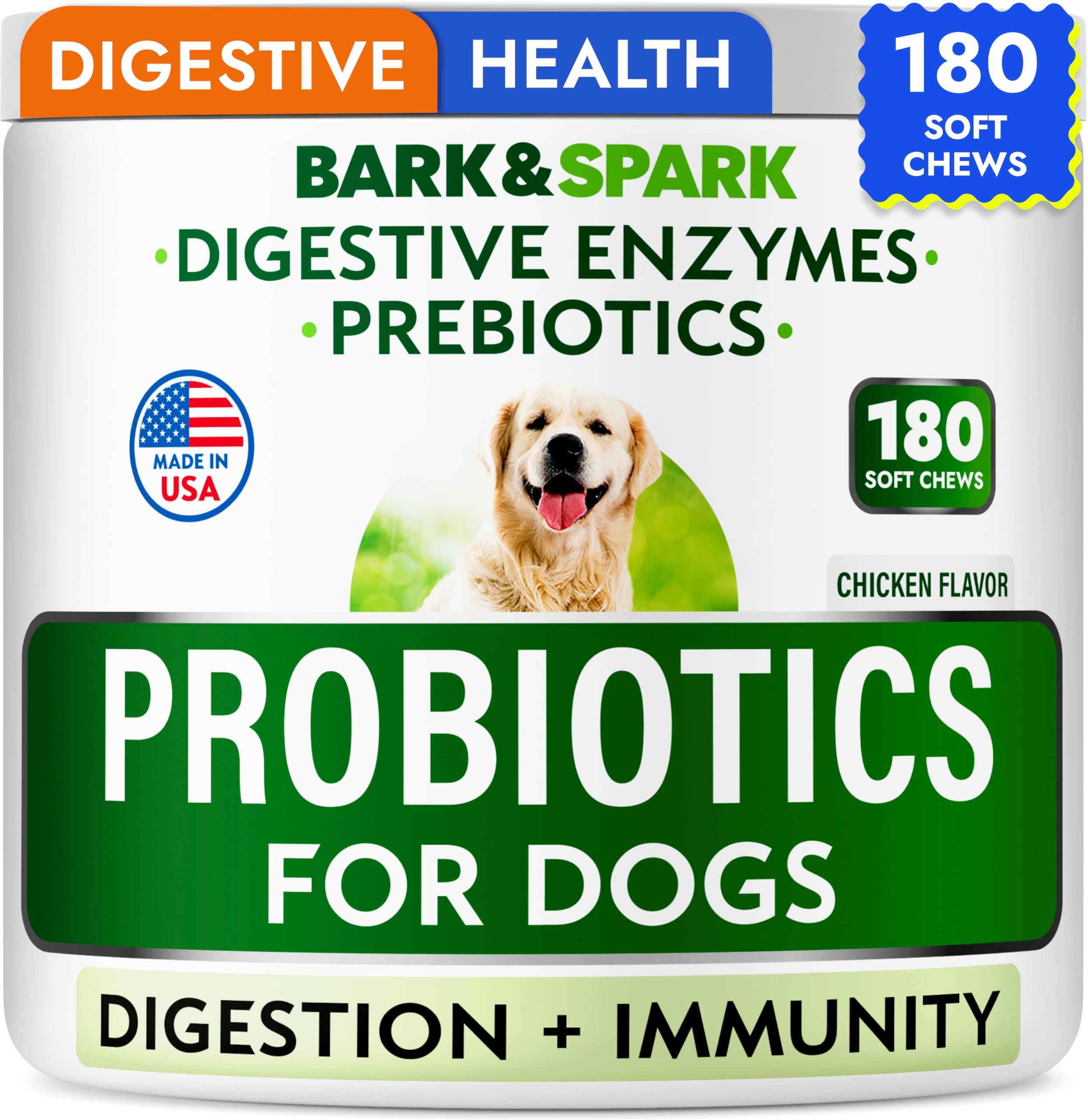 Bark&Spark probiotic bottle with 180-chew pack for gut health support.