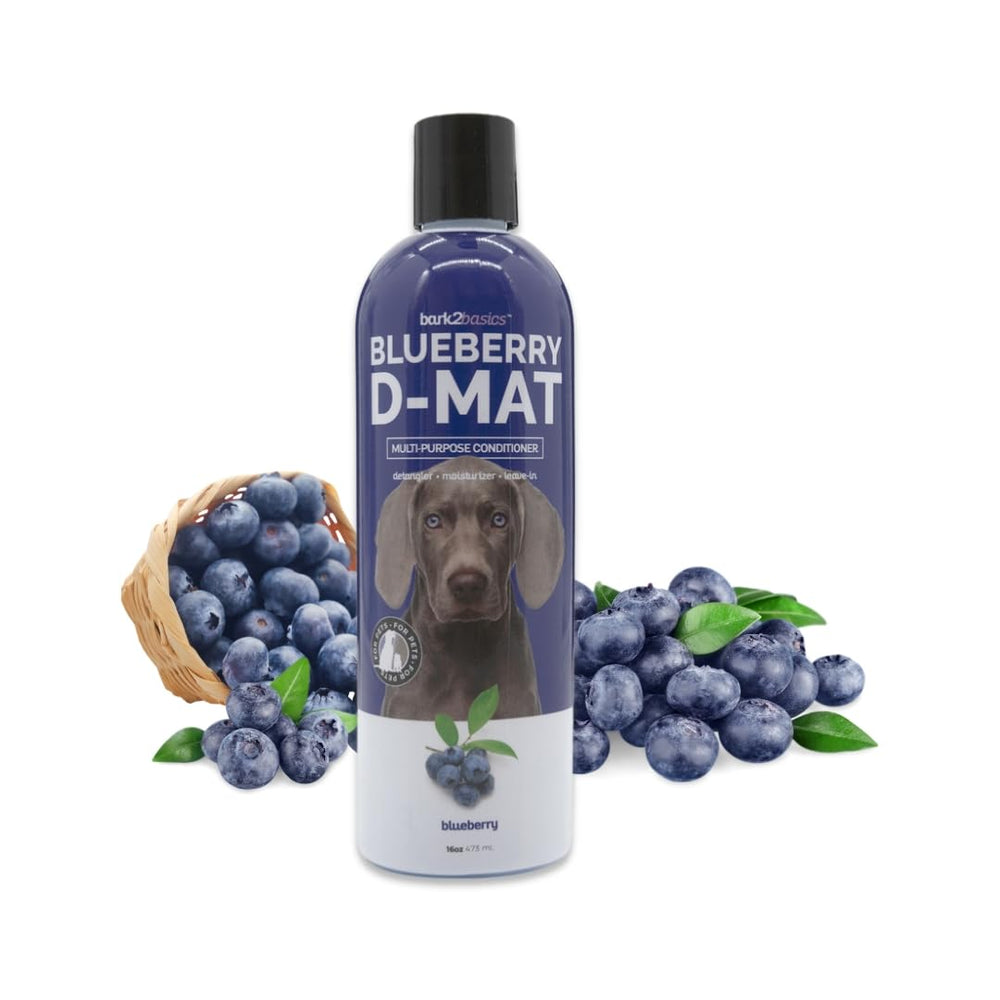 Bark2Basics Blueberry D-Mat conditioner bottle shows moisturized skin and silky coat