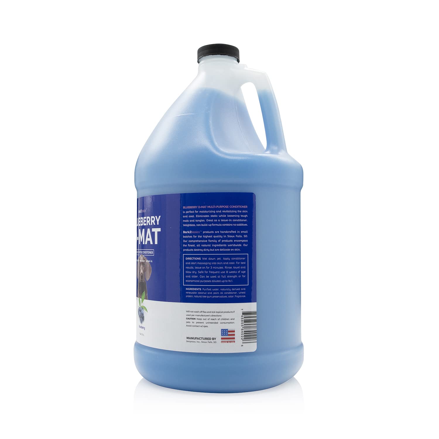 Bark2Basics Blueberry D-Mat label highlights its multi-purpose coat care.