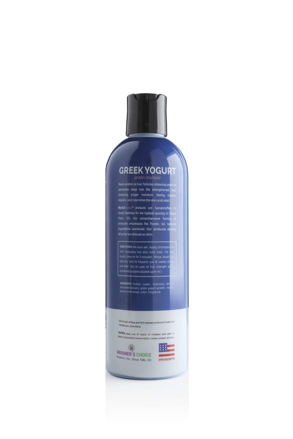Bark2Basics Blueberry Greek Yogurt Shampoo label closeup emphasizes USA-made, cruelty-free formula.