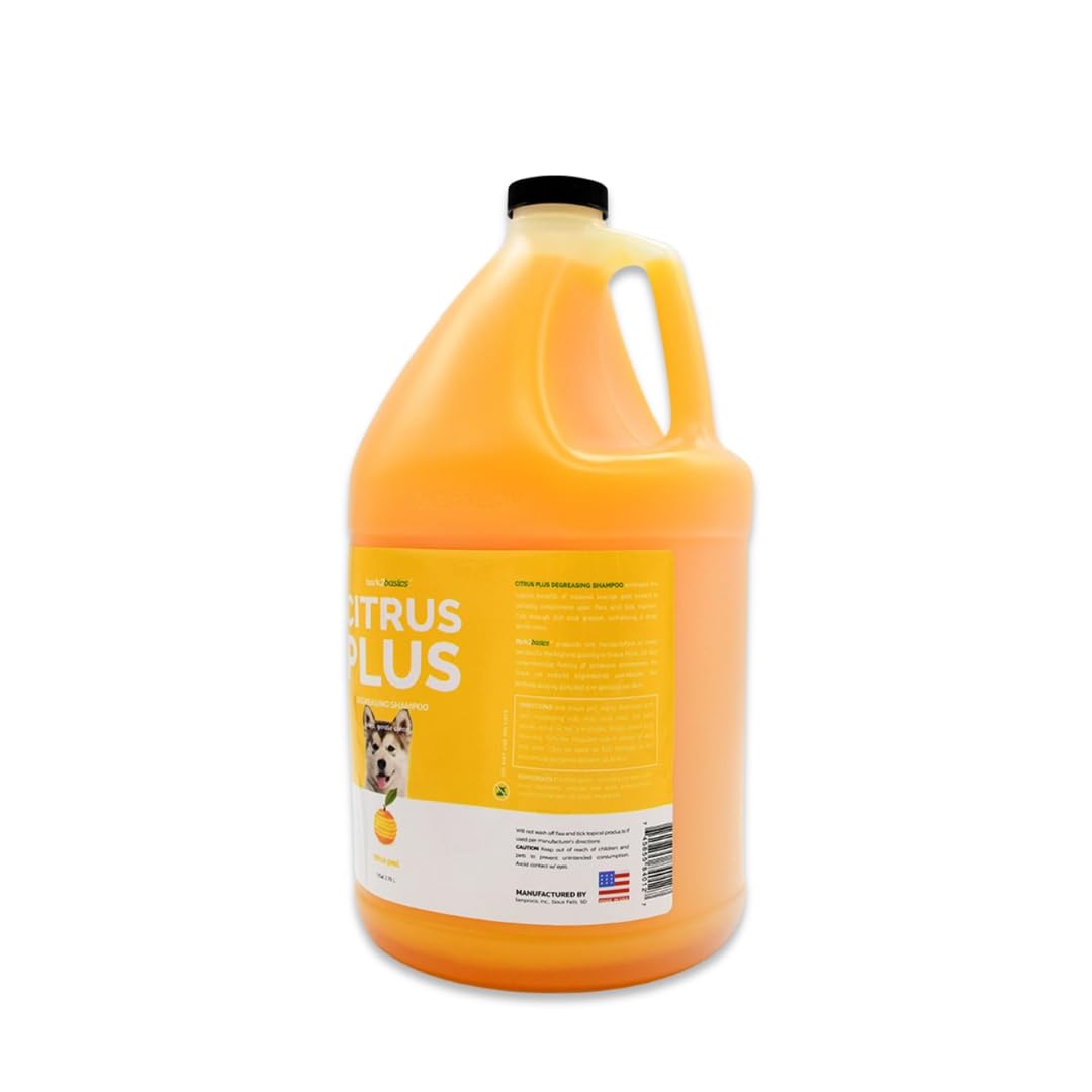 Bark2Basics Citrus Plus shampoo bottle dispense top shows 16:1 dilution-ready concentrate