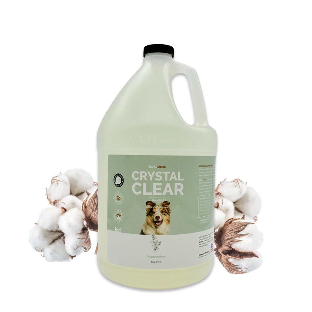 Bark2Basics Crystal Clear Shampoo bottle shows fragrance-free formula for sensitive dogs