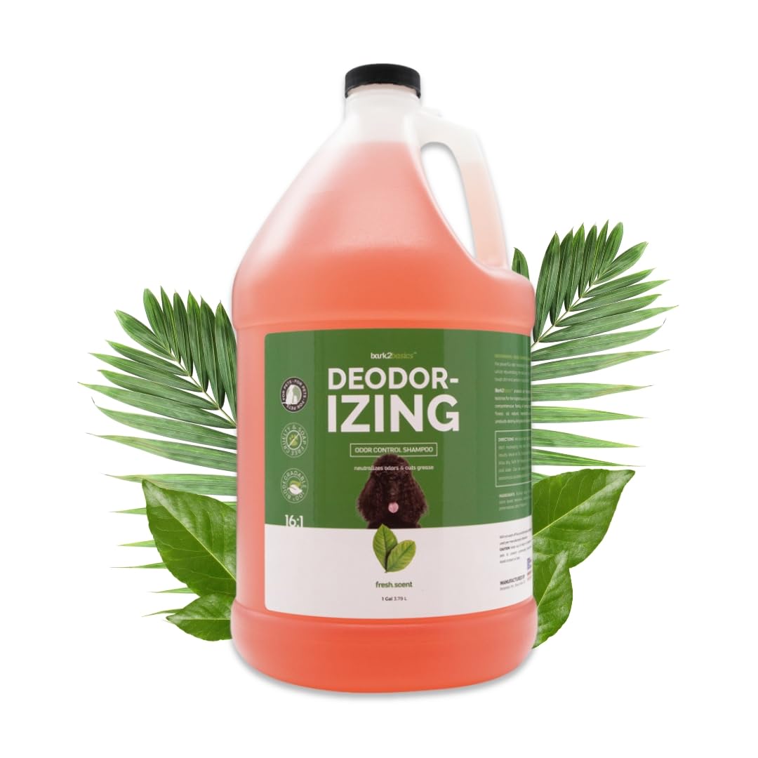 Bark2Basics deodorizing dog shampoo bottle shows Odortrol odor neutralization for a fresh coat