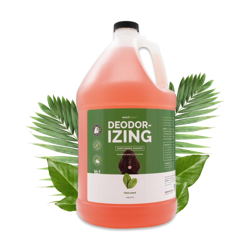 Bark2Basics deodorizing dog shampoo bottle shows Odortrol odor neutralization for a fresh coat