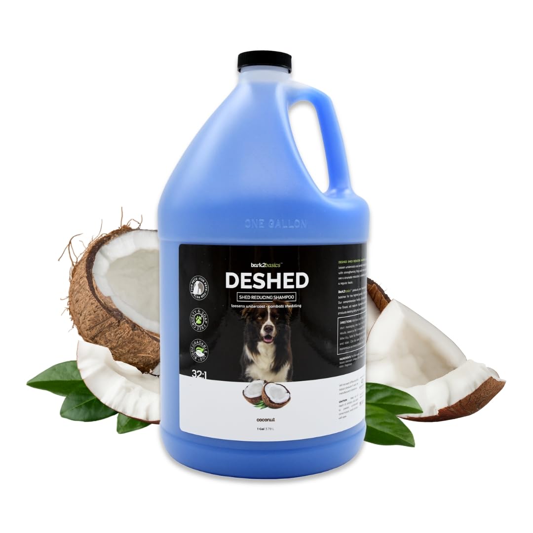 Bark2Basics deshedding shampoo bottle promotes shedding reduction for a healthier coat