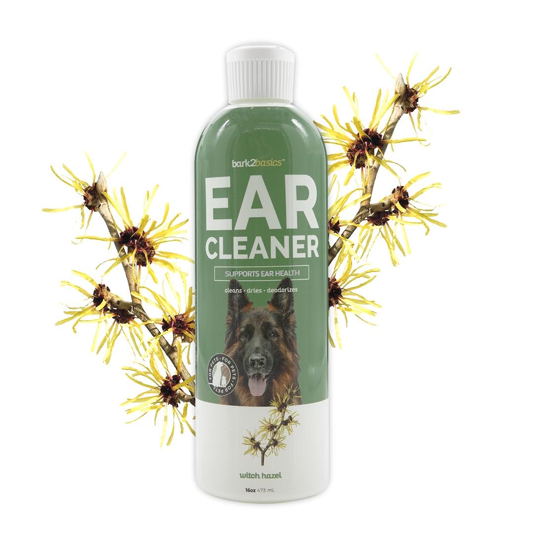 Bark2Basics dog ear cleaner bottle showing all natural formula for gentle cleansing