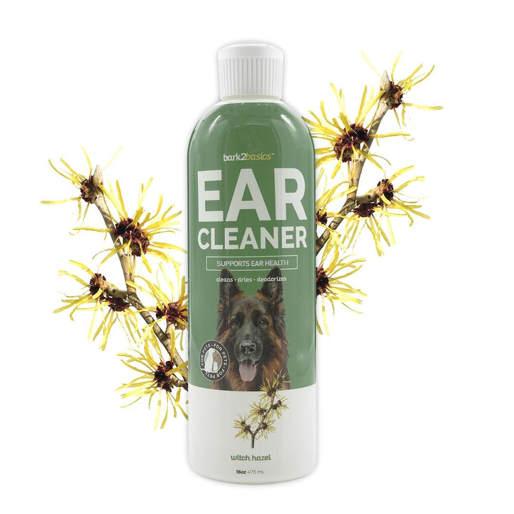 Bark2Basics dog ear cleaner bottle showing all natural formula for gentle cleansing