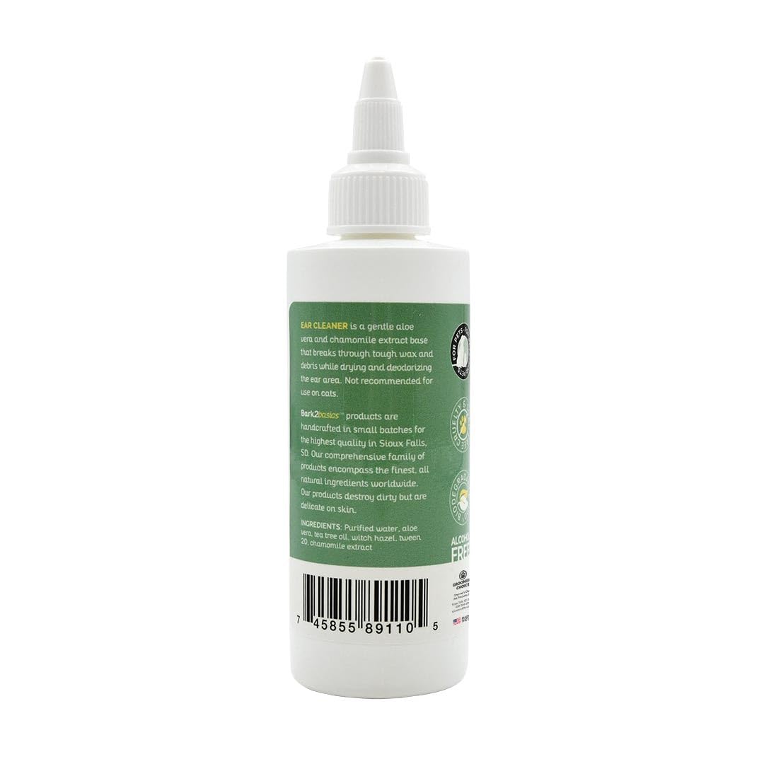 Bark2Basics ear cleaner highlights witch hazel-based formula for soothing ear skin.