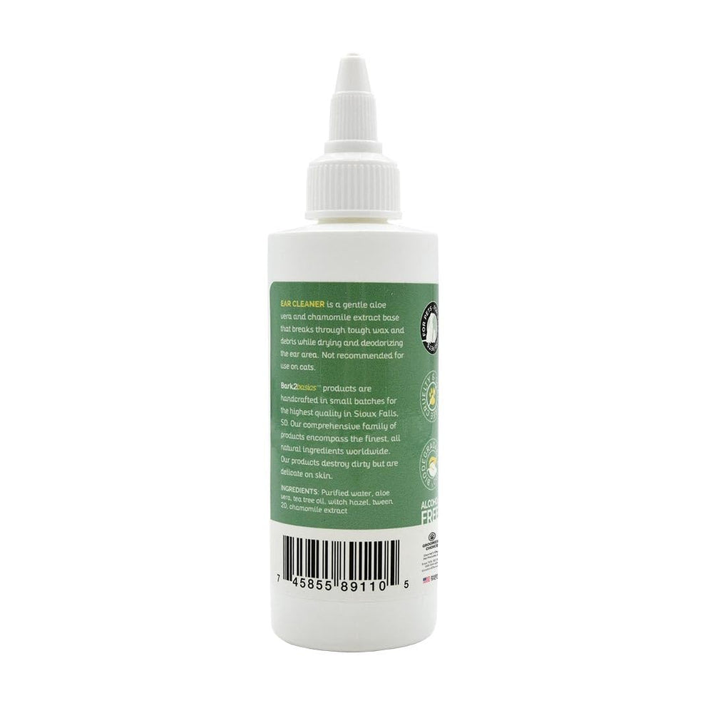 Bark2Basics ear cleaner highlights witch hazel-based formula for soothing ear skin.