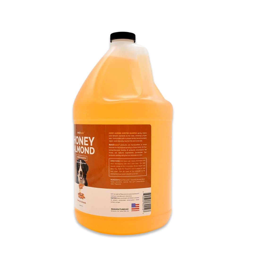 Bark2Basics Honey & Almond shampoo pour demonstrates 16:1 concentration for flexible dilution.