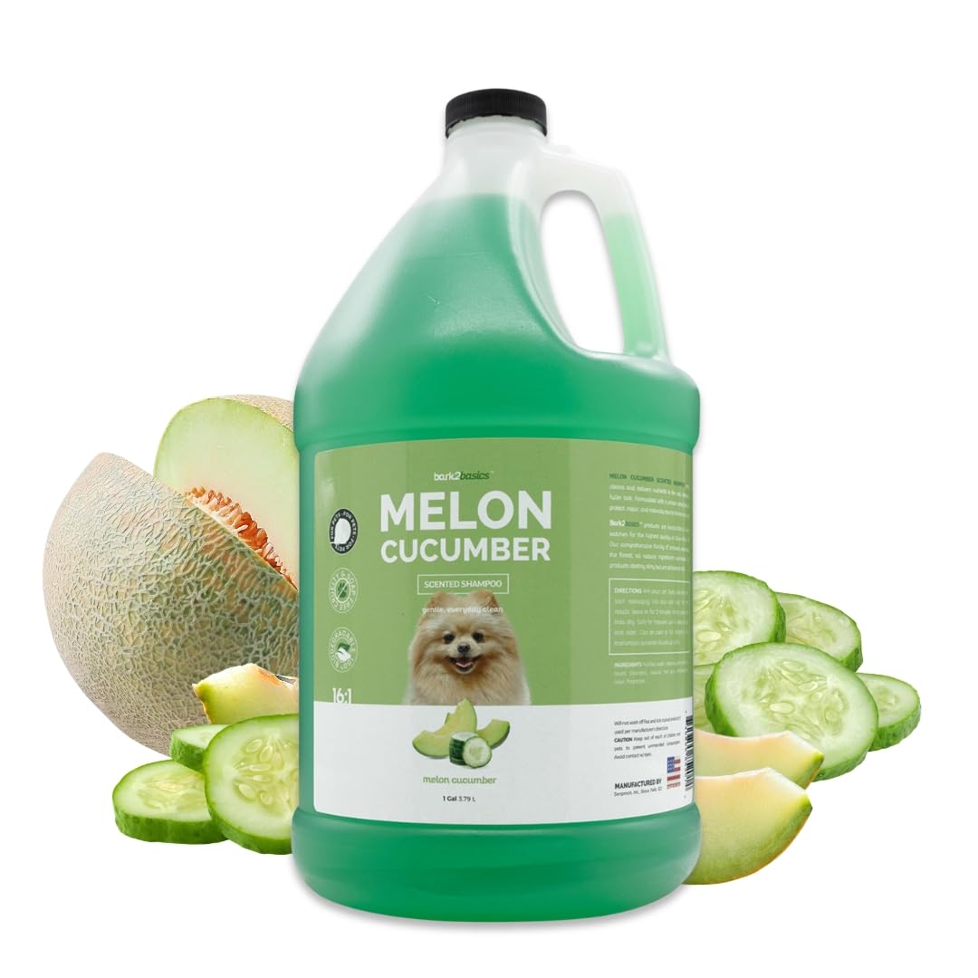 Bark2Basics Melon Cucumber dog shampoo bottle showing gentle herbal blend for nourished coat.