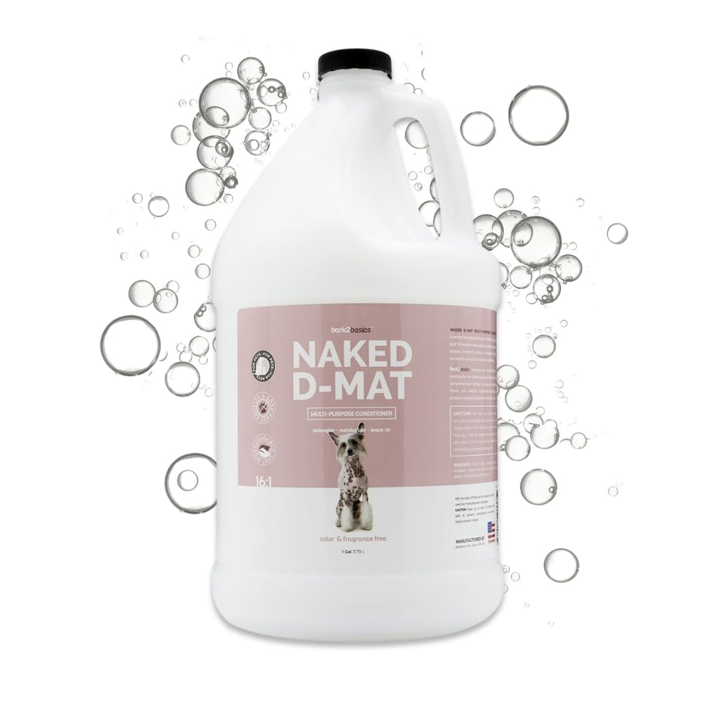 Bark2Basics Naked D-Mat bottle shows fragrance-free conditioning for sensitive skin and easy detangling