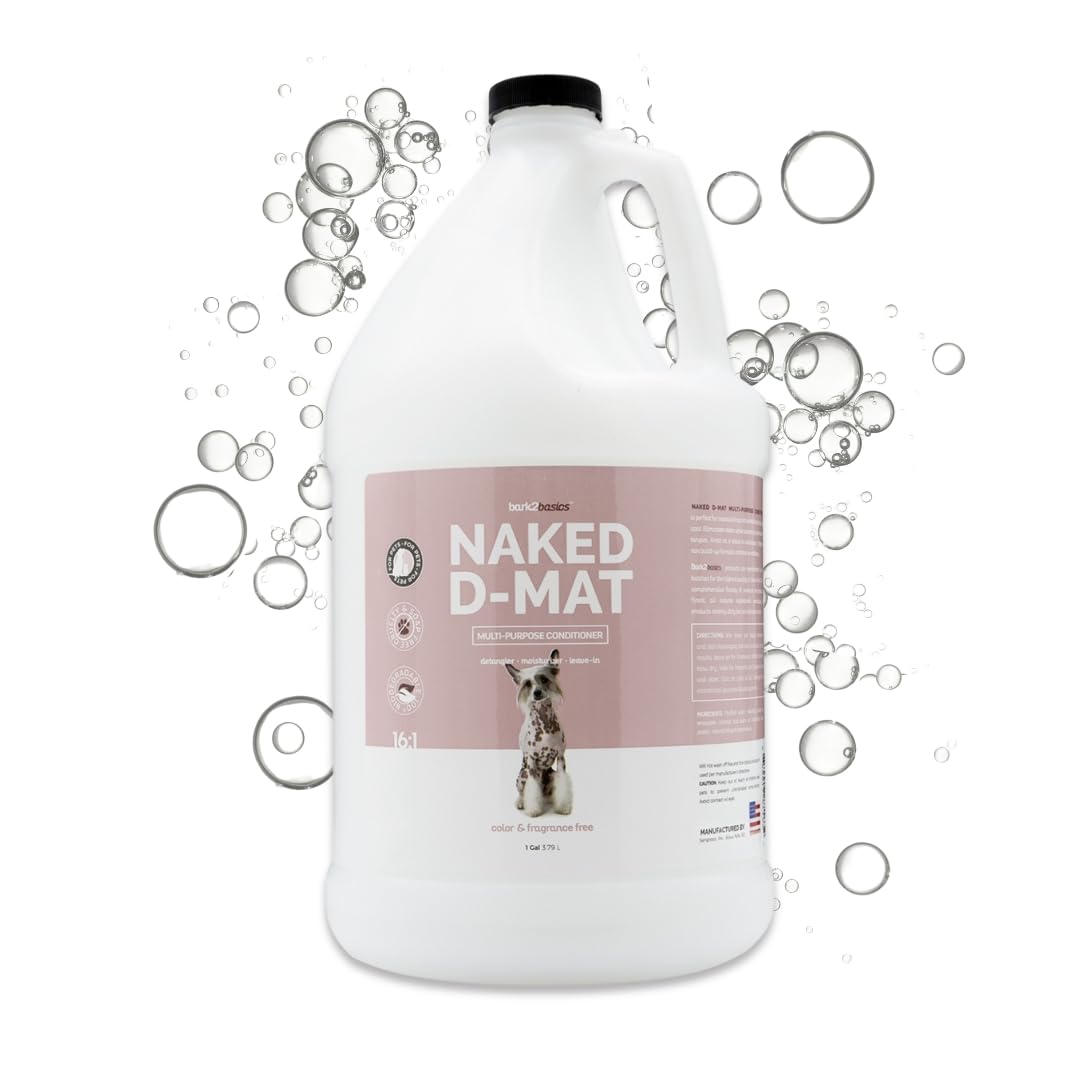 Bark2Basics Naked D-Mat bottle shows fragrance-free conditioning for sensitive skin and easy detangling