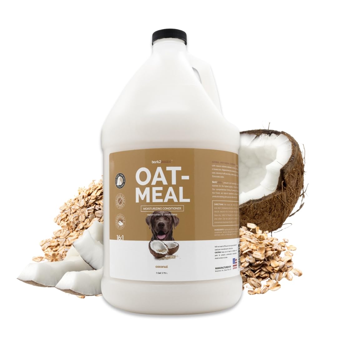 Bark2Basics Oatmeal Conditioner gallon pour for easy dilution and grooming prep.