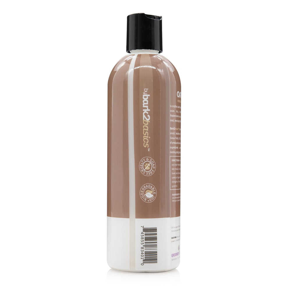 Bark2Basics oatmeal dog shampoo ingredients label closeup highlighting natural oats.