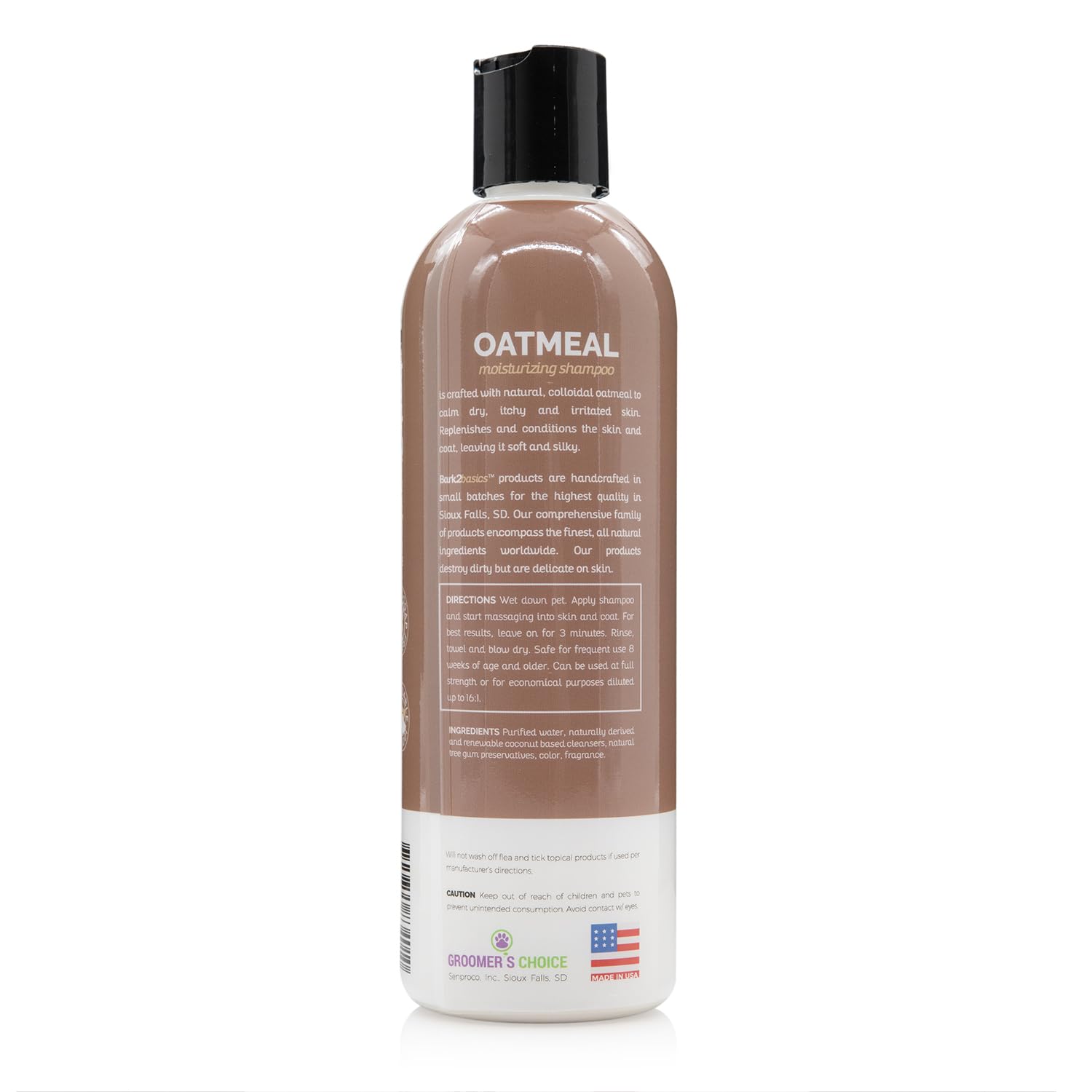 Bark2Basics oatmeal dog shampoo pump dispense for convenient mess-free application.
