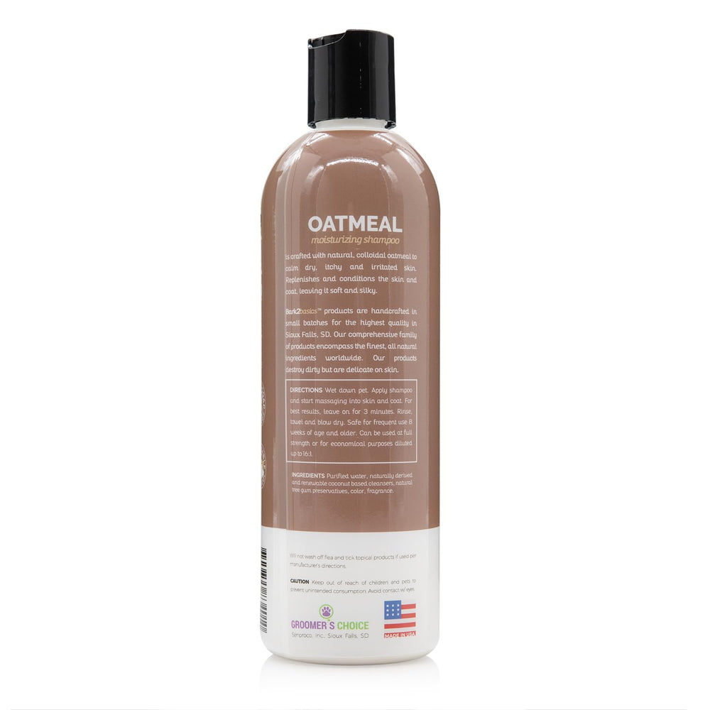 Bark2Basics oatmeal dog shampoo pump dispense for convenient mess-free application.
