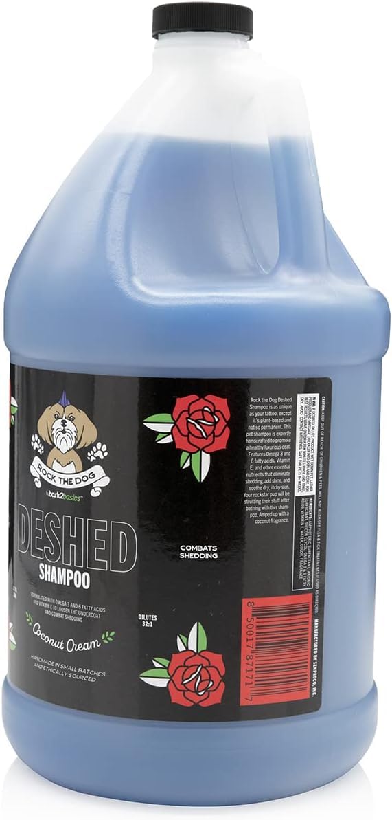 Rock The Dog shampoo lather highlights coconut cream fragrance for a refreshed coat.